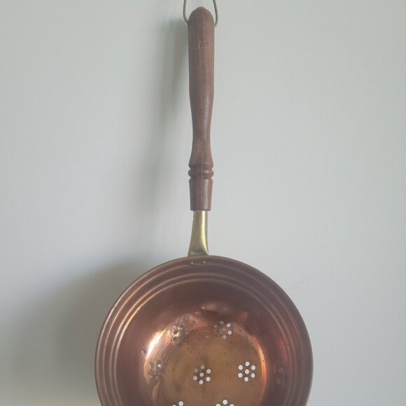 Antique vintage copper hanging strainer colander wood-brass handle - Picture 2 of 5